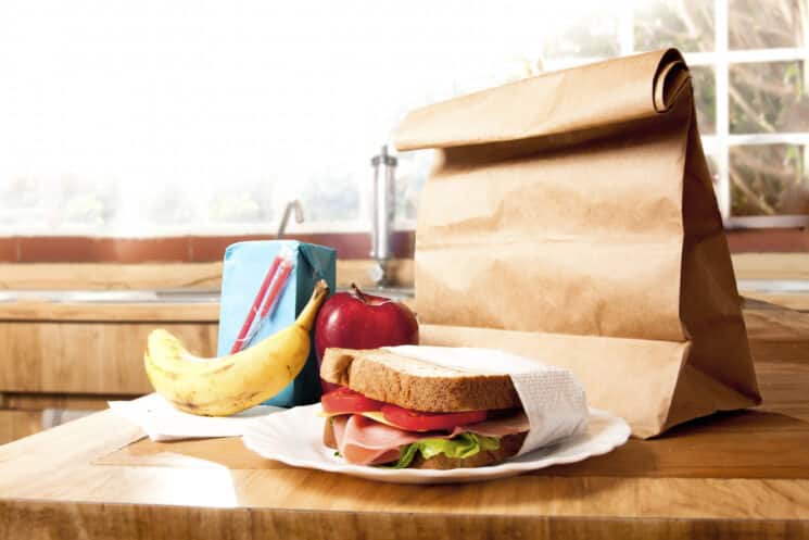 A ham sandwich on a plate in front of a brown lunch bag, apple and banana.