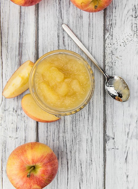 overhead view of homemade applesauce in a mason jar