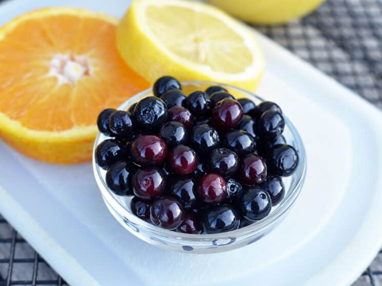 bowl of blueberries with orange slices behind it