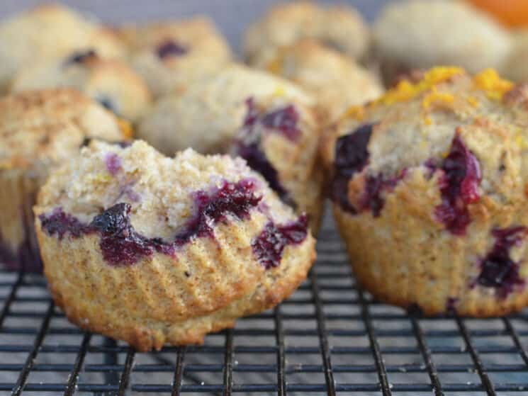 whole wheat orange blueberry muffin broken in half