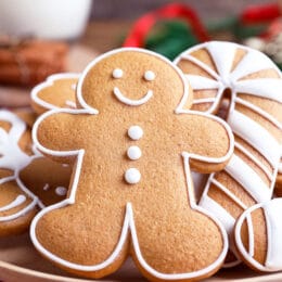 Delicious homemade gingerbread cookies on plate, closeup