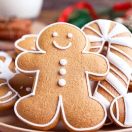 Delicious homemade gingerbread cookies on plate, close-up