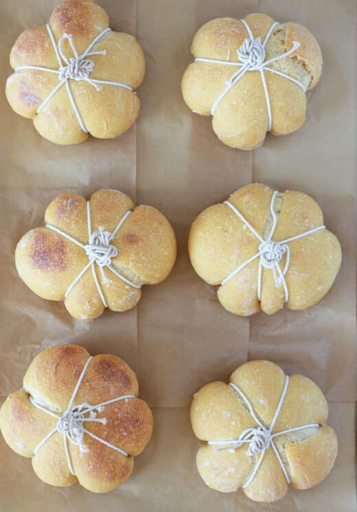 sourdough bread bowls baked with twine fresh out of the oven