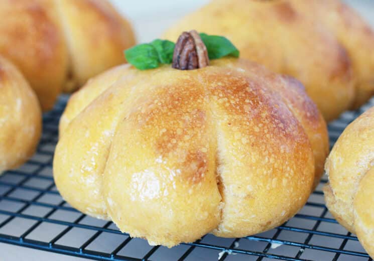 sourdough pumpkin bread bowl close up of a golden brown orange bread bowl with a pecan for a stem and basil for leaves