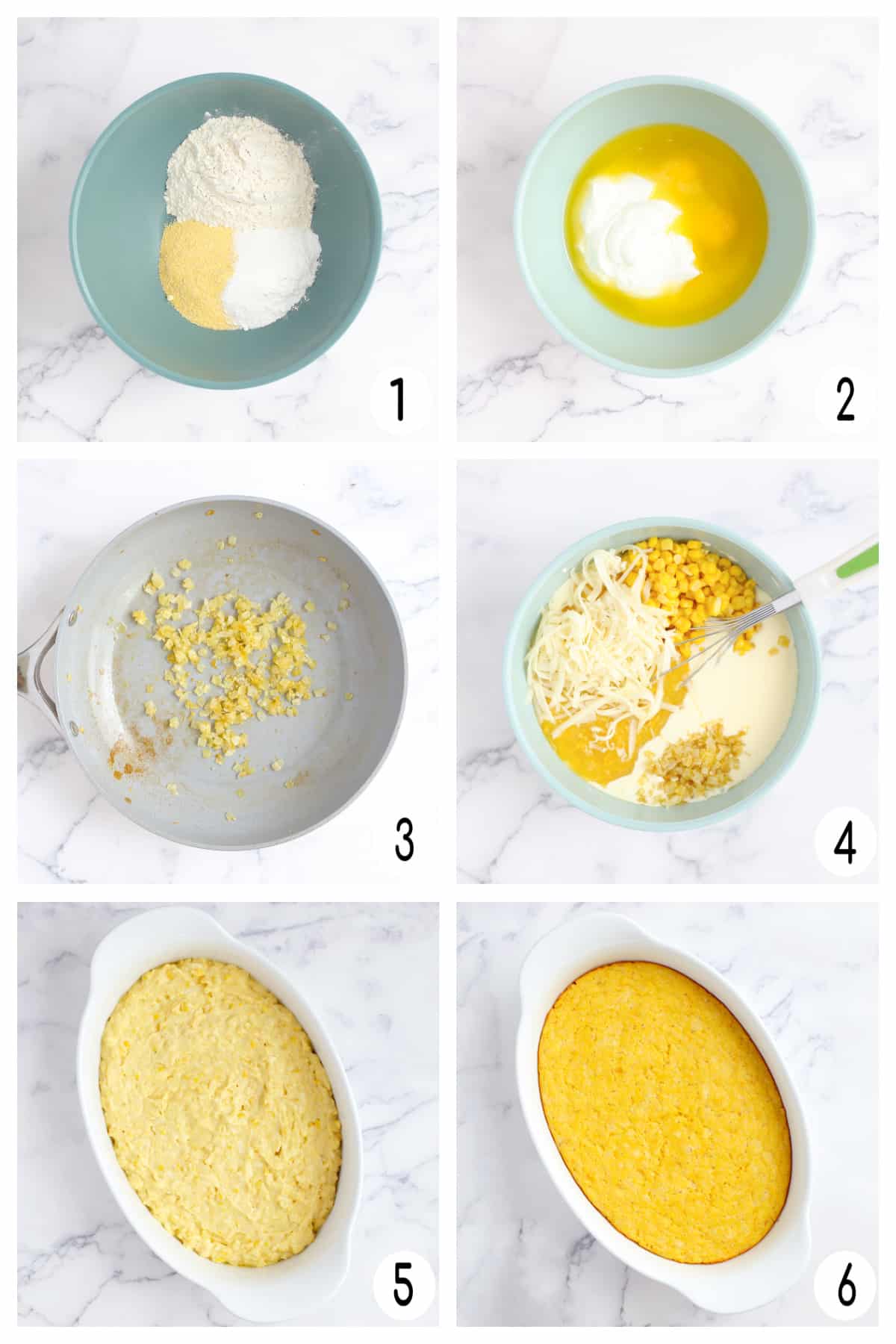 Overhead process shots showing how to make cornbread casserole.