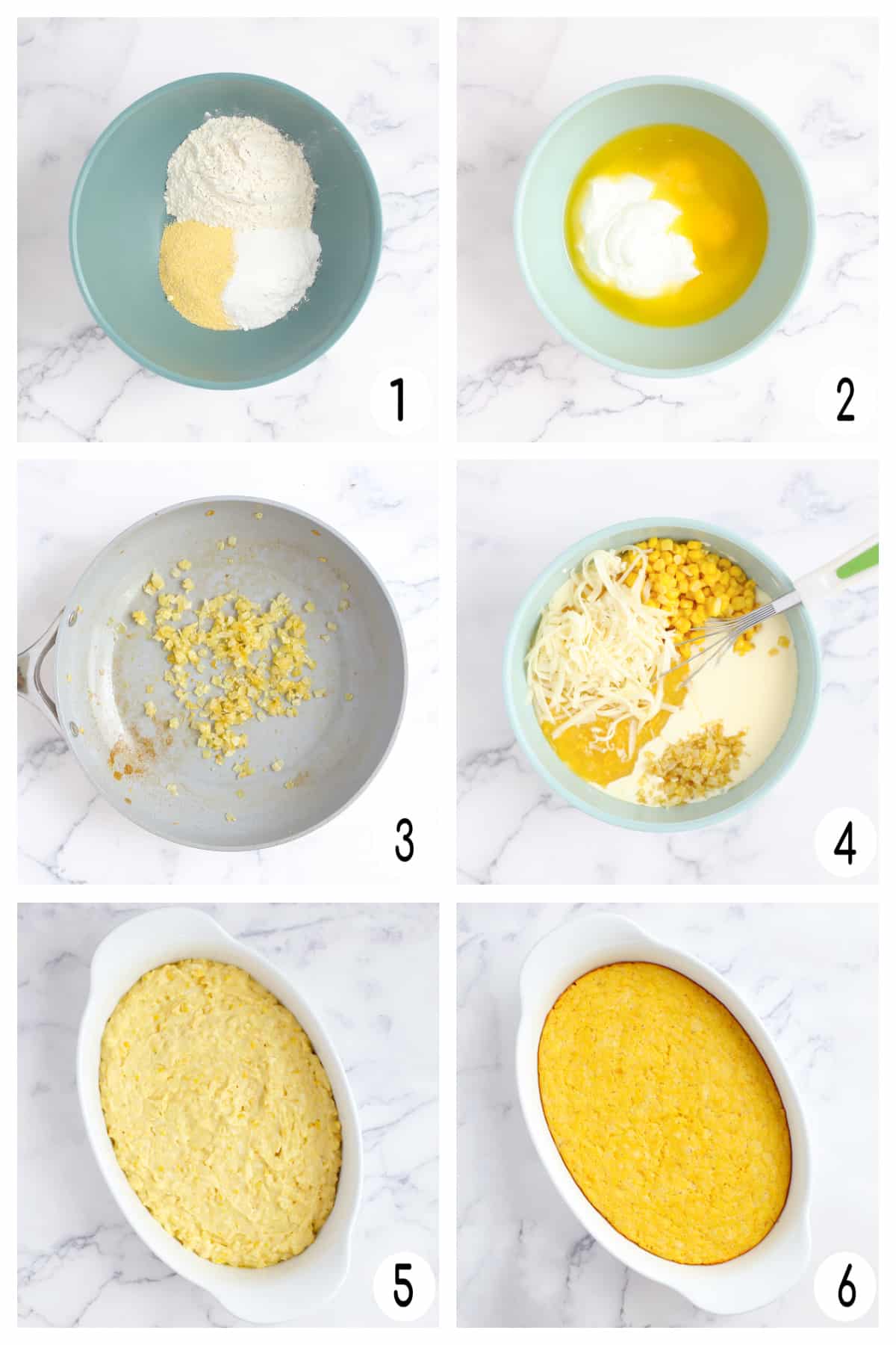 Overhead process shots showing how to make cornbread casserole.