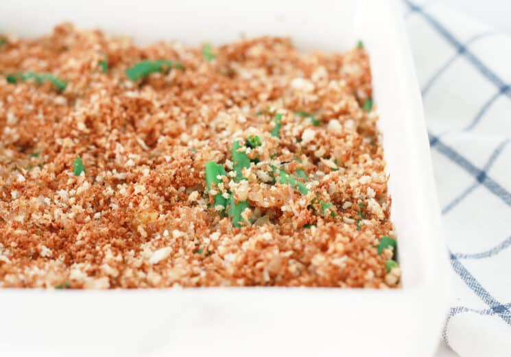 green bean casserole in a white baking dish