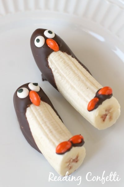 Banana half dipped in chocolate to look like a penguin