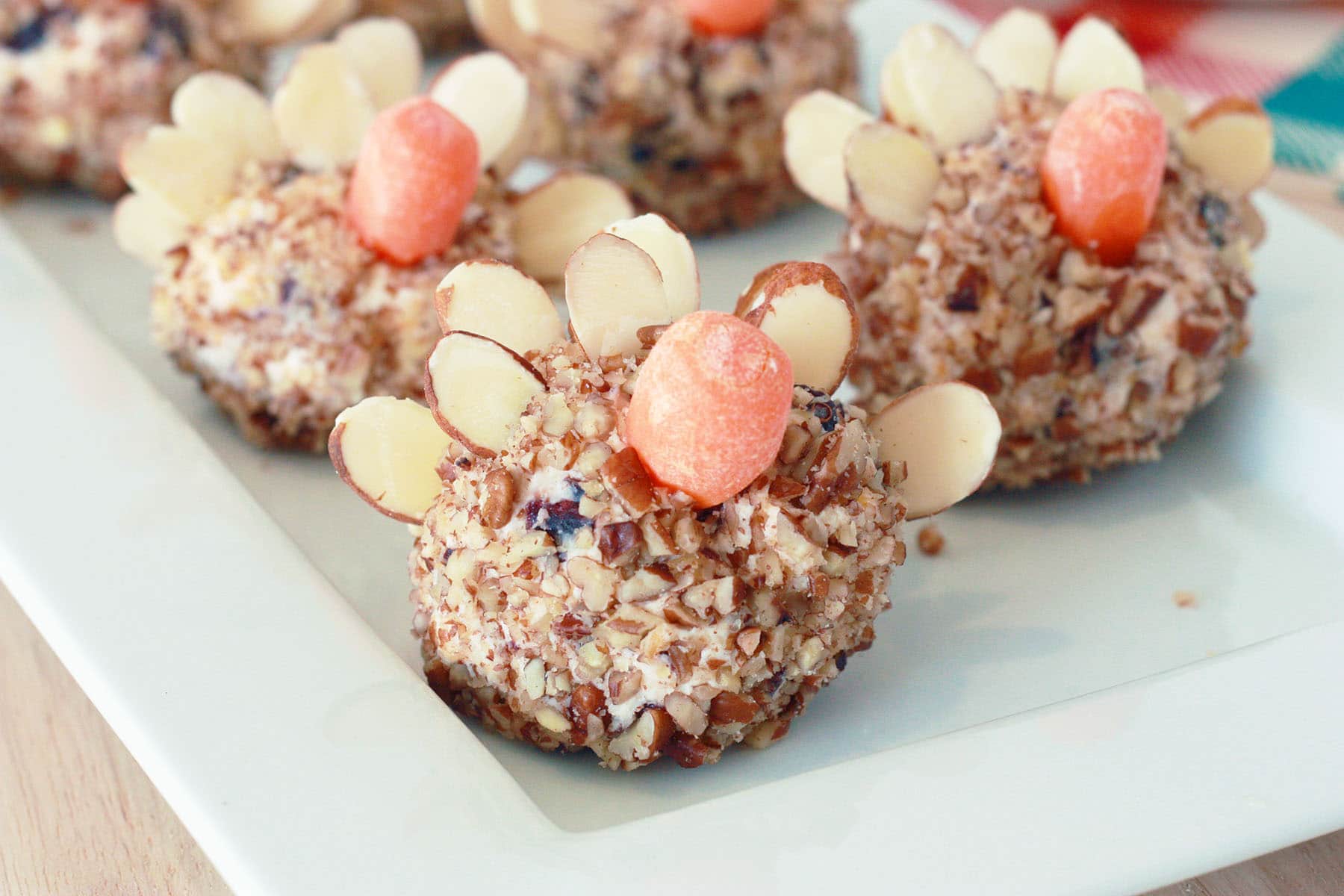 mini turkey cheese balls on a white platter rolled in pecans, carrot nose and almond feathers