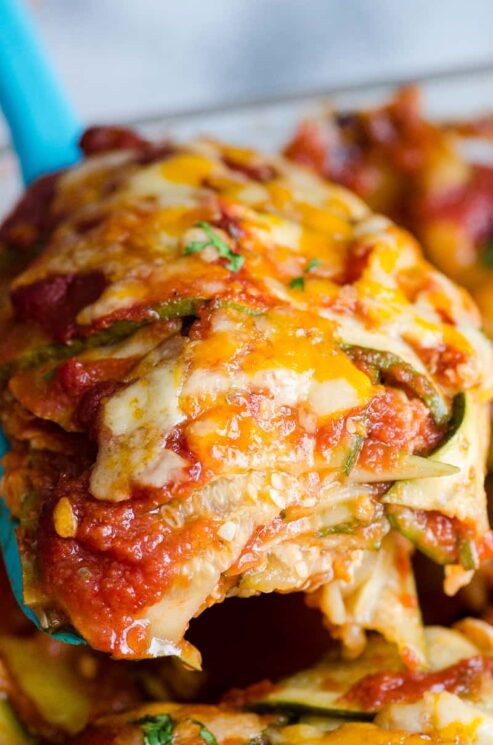 Zucchini casserole topped with cheese