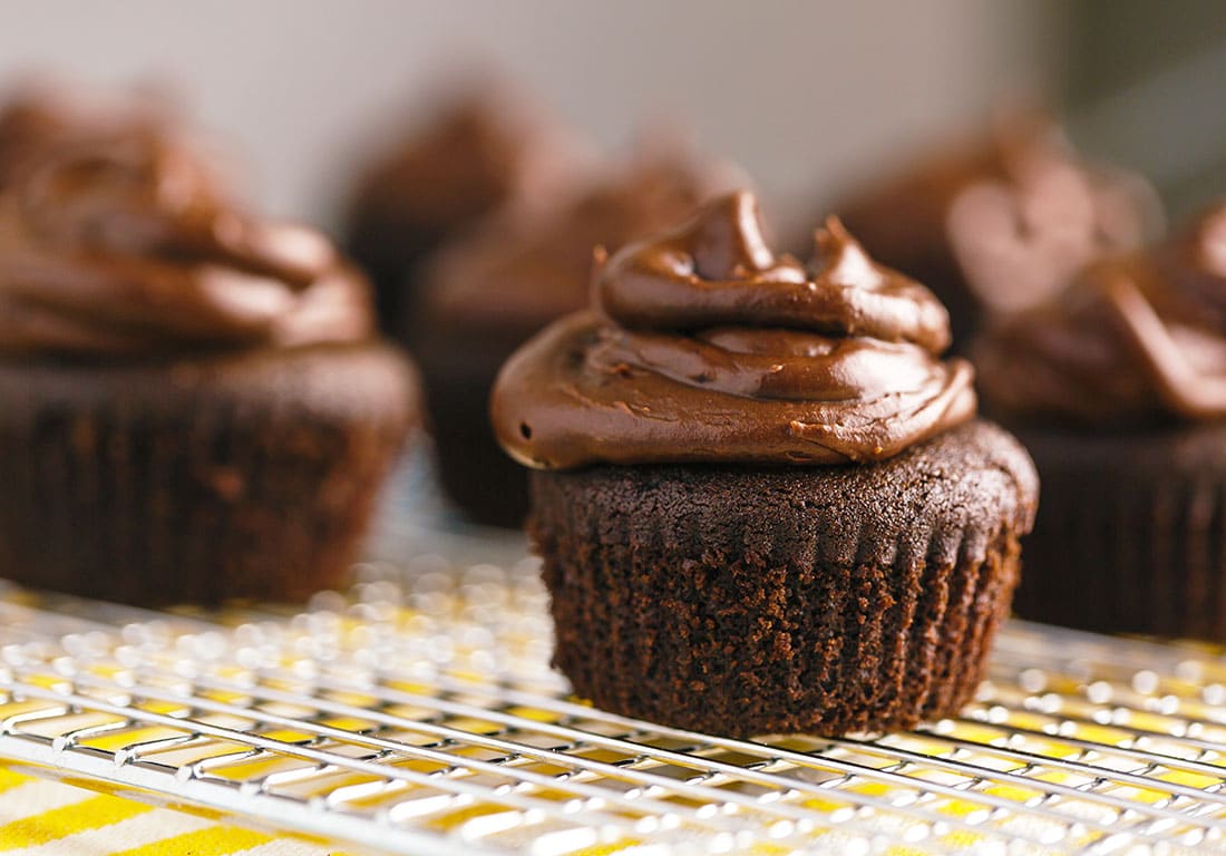 gluten free mini chocolate cupcake with chocolate frosting on cooling rack