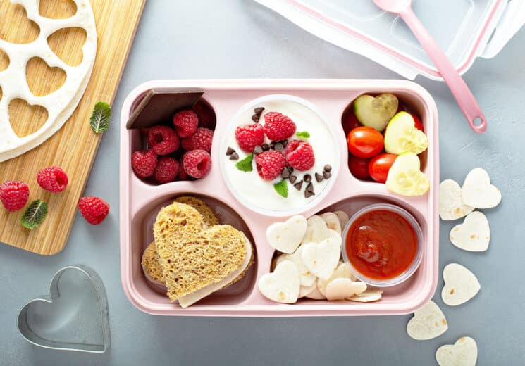 Valentines day lunch for kids with heart shaped sandwich