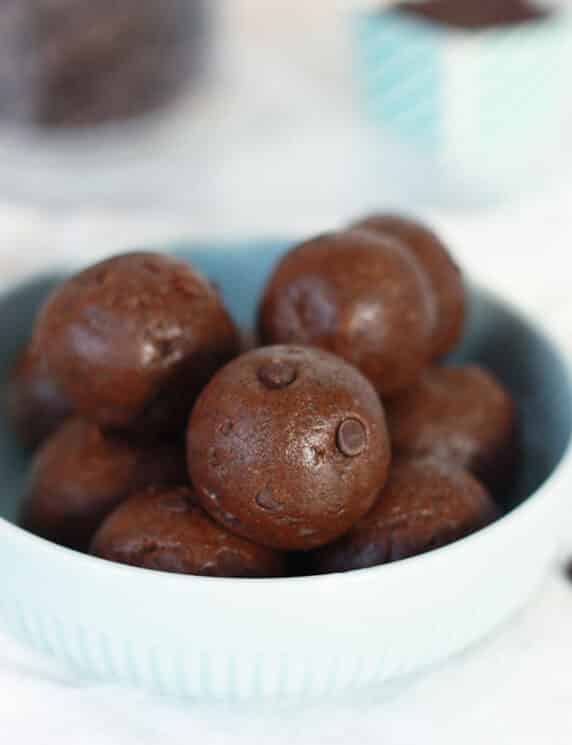 Brownie Batter Protein Bites in a blue bowl