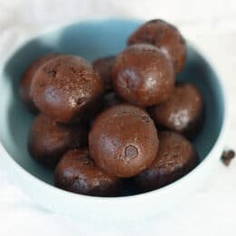 Brownie Batter Protein Bites in a blue bowl