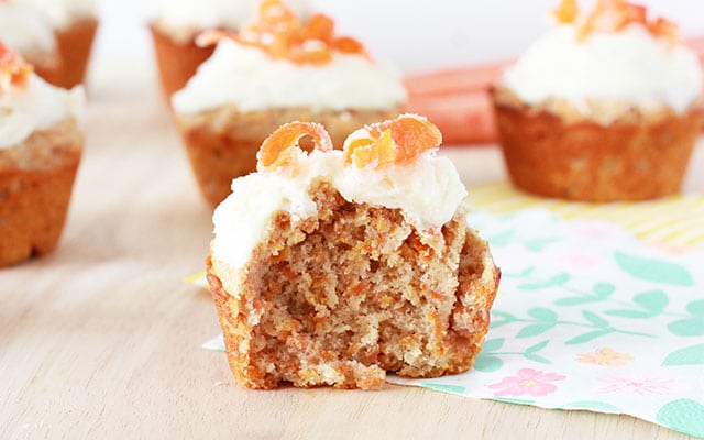 Carrot Cake Muffins - Super Healthy Kids 2 closeup of a carrot cake muffin with a bite taken out