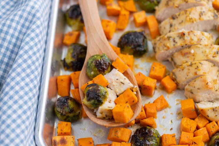 sheet pan dinner with honey roasted chicken and veggies