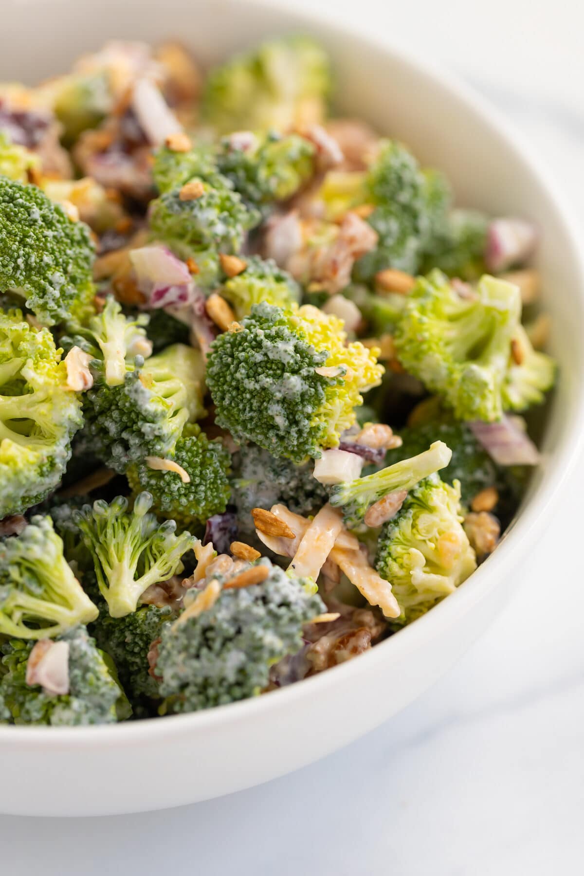 healthy broccoli salad with a tangy no-mayo dressing