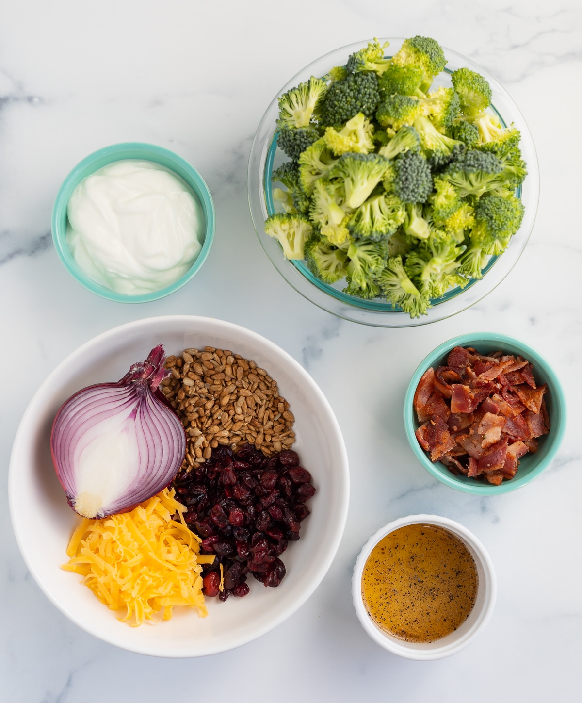 Ingredients for broccoli salad, red onion, sunflower seeds, cheddar cheese, dried cranberries, bacon pieces, broccoli florets, Greek yogurt