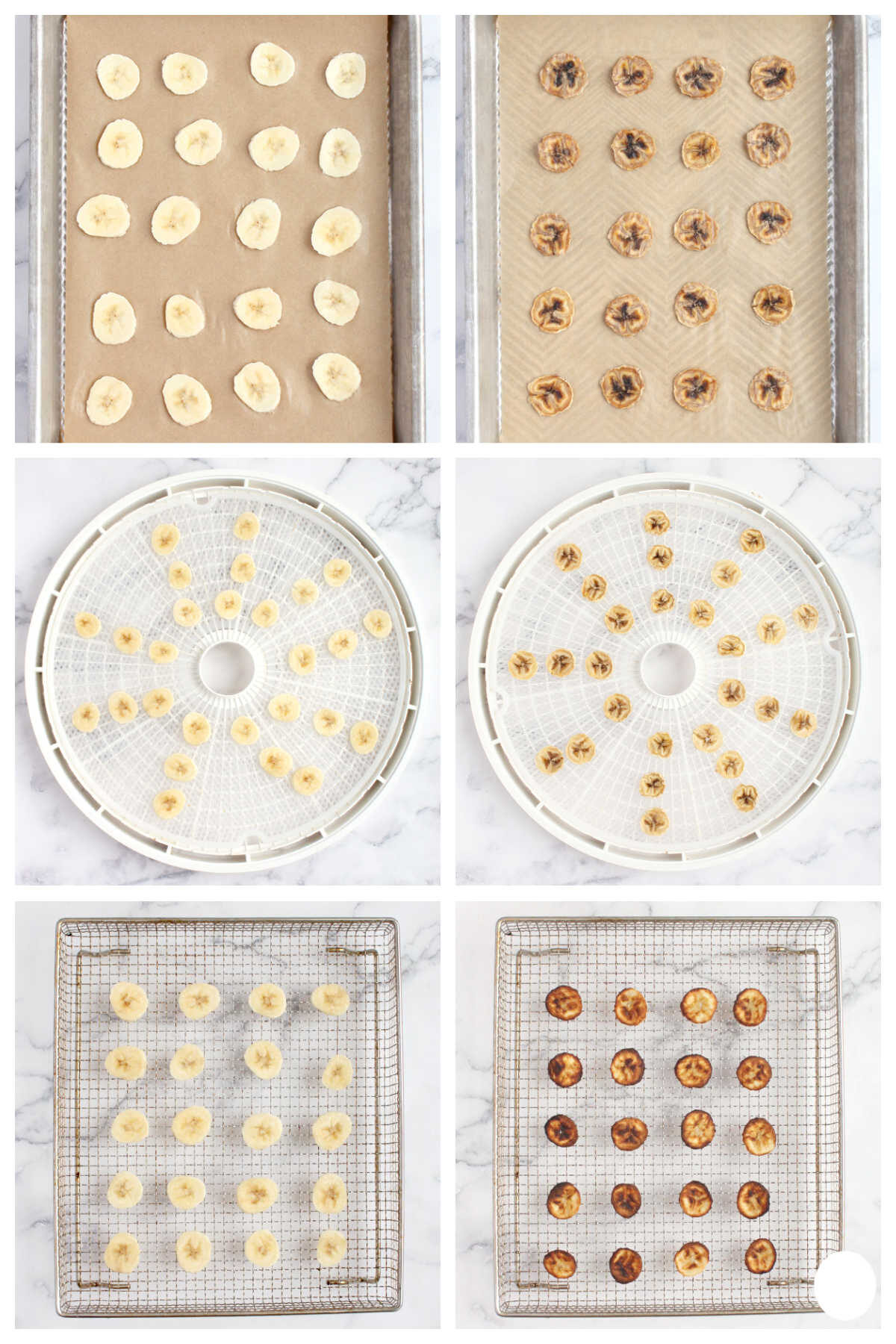 Three different methods for making homemade banana chips: the oven method, the dehydrator method, and the fryer method.  Photos of each method before and after cooking.