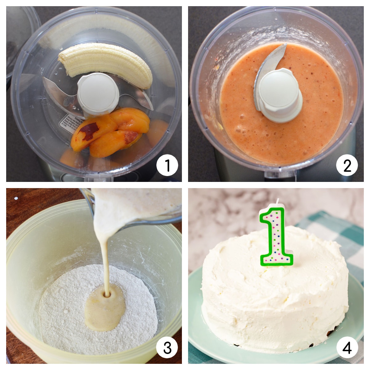 step by step photos to make baby's first birthday cake.  Blending fruit puree, mixing ingredients, frosting cake.