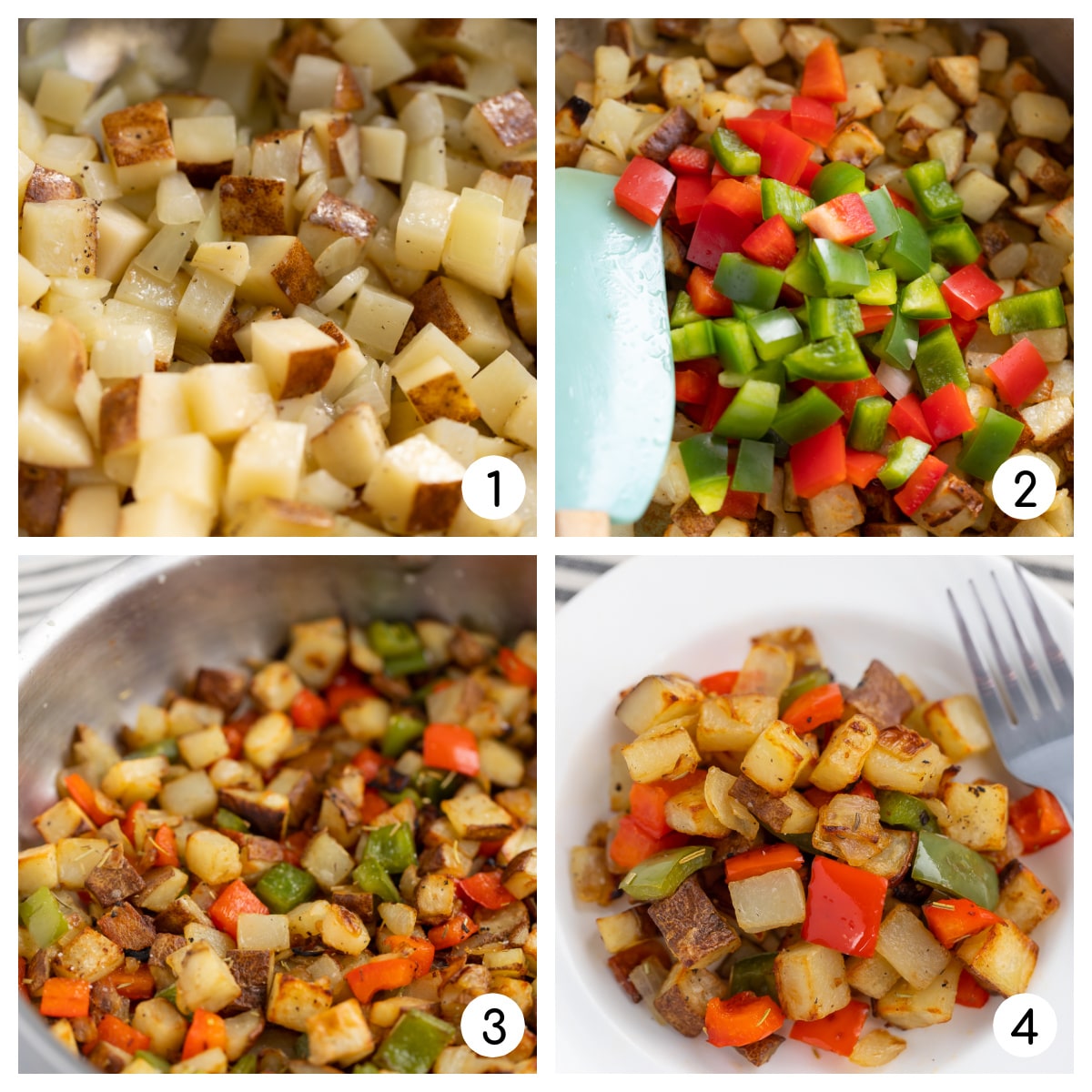 4 step-by-step photos of making skillet potatoes with sweet peppers