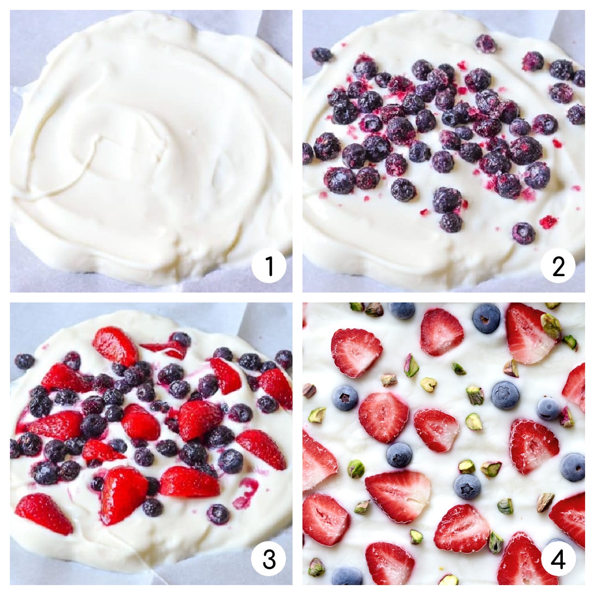 4 Steps to Make a Frozen Yogurt Bark with Greek Yogurt, Strawberries, Blueberries and Pistachios