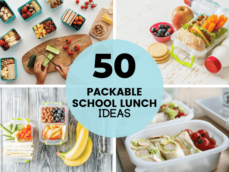 collage header of 50 packable school lunch ideas with 4 quadrants of lunchbox photos