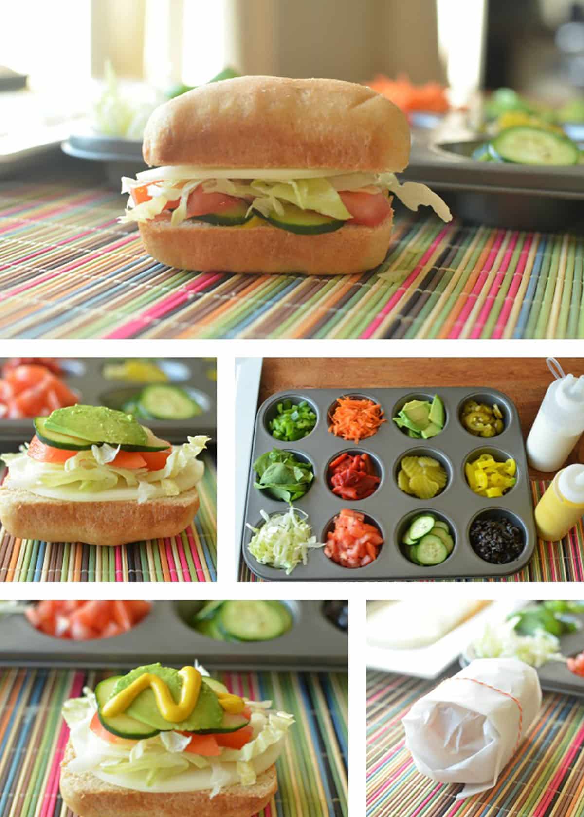 collage of sandwich toppings with sandwich assembly for a homemade sub sandwich