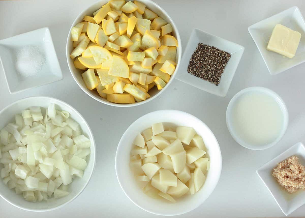 ingredients needed for yellow squash soup: yellow squash, onion, potatoes, pepper, buter, buttermilk, garlic, salt