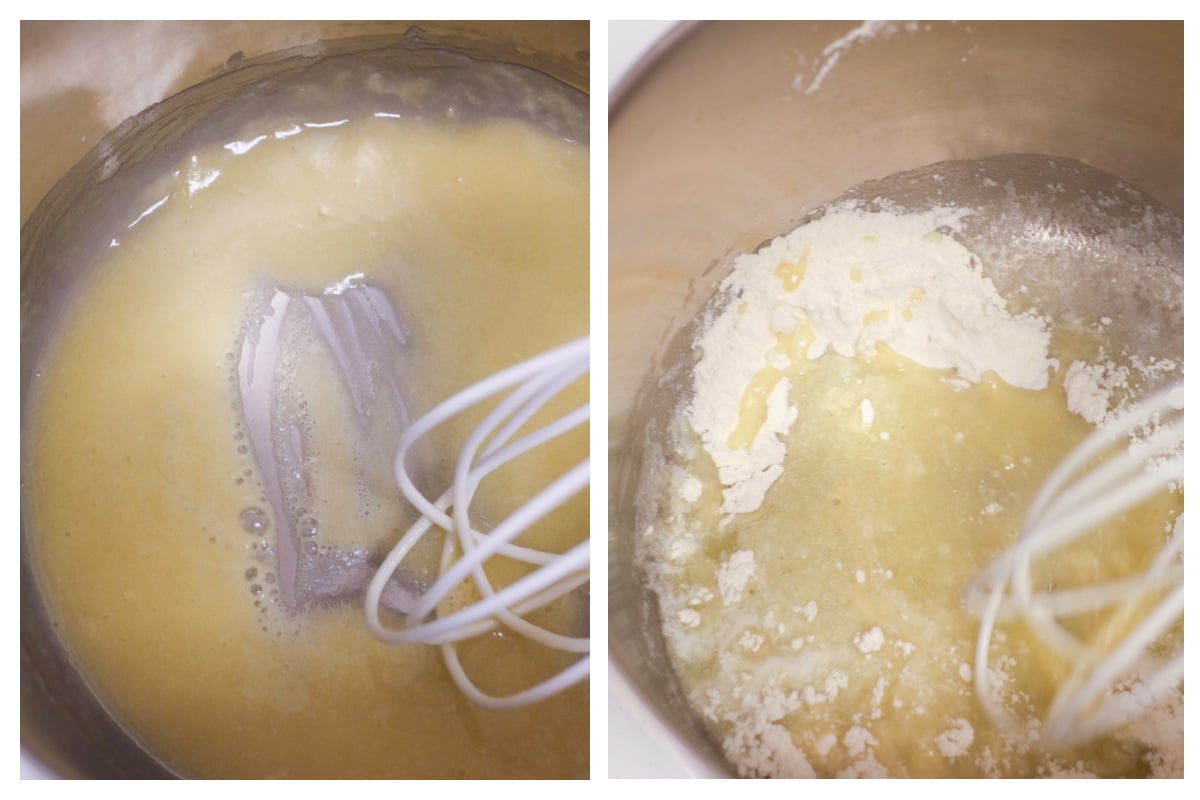 process shots for making a roux - butter melting in a pan and mixing flour in