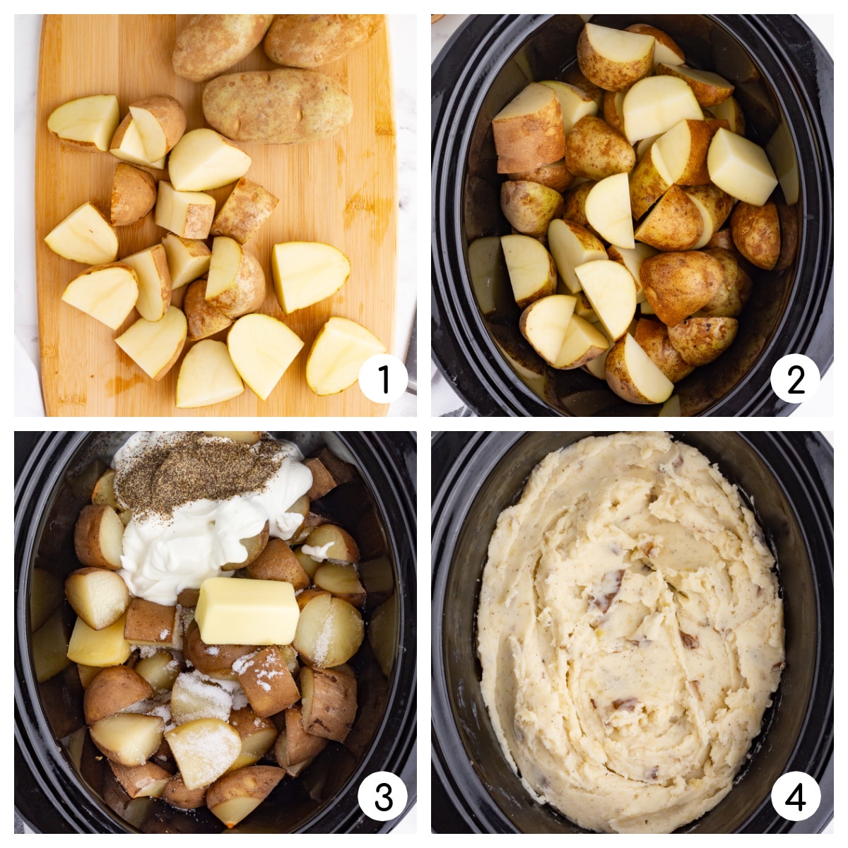 process photos of making crockpot mashed potatoes, chopped potatoes, potatoes in crockpot with ingredients, mashed potatoes in crockpot