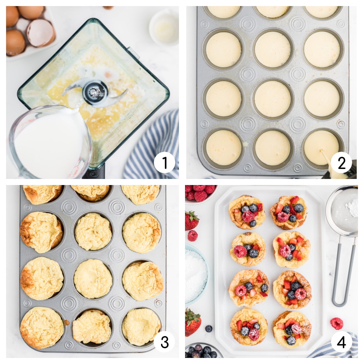 Steps to making popovers: Mix, Pour, Bake, Top and Enjoy
