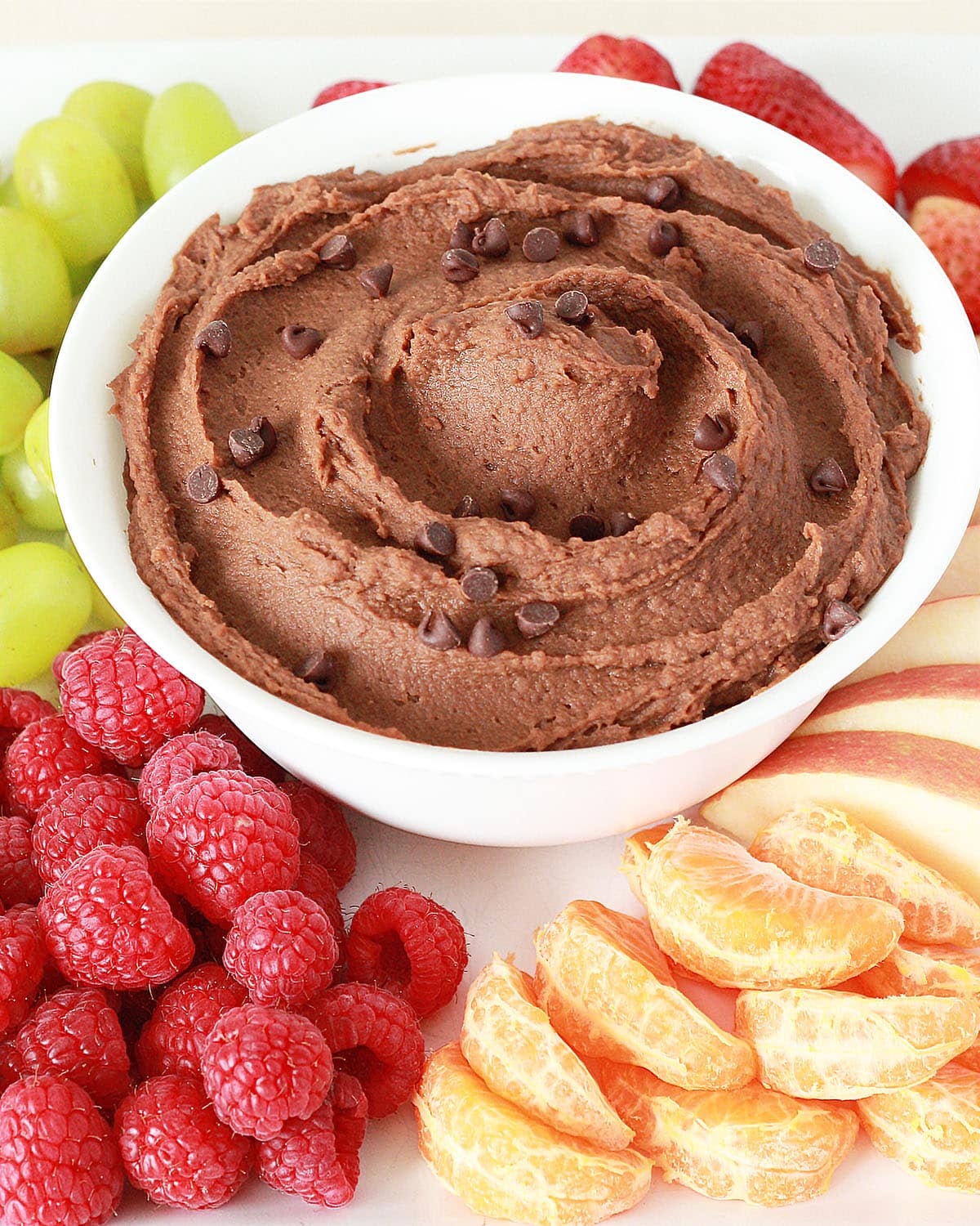 bowl of chocolate hummus with fresh fruit