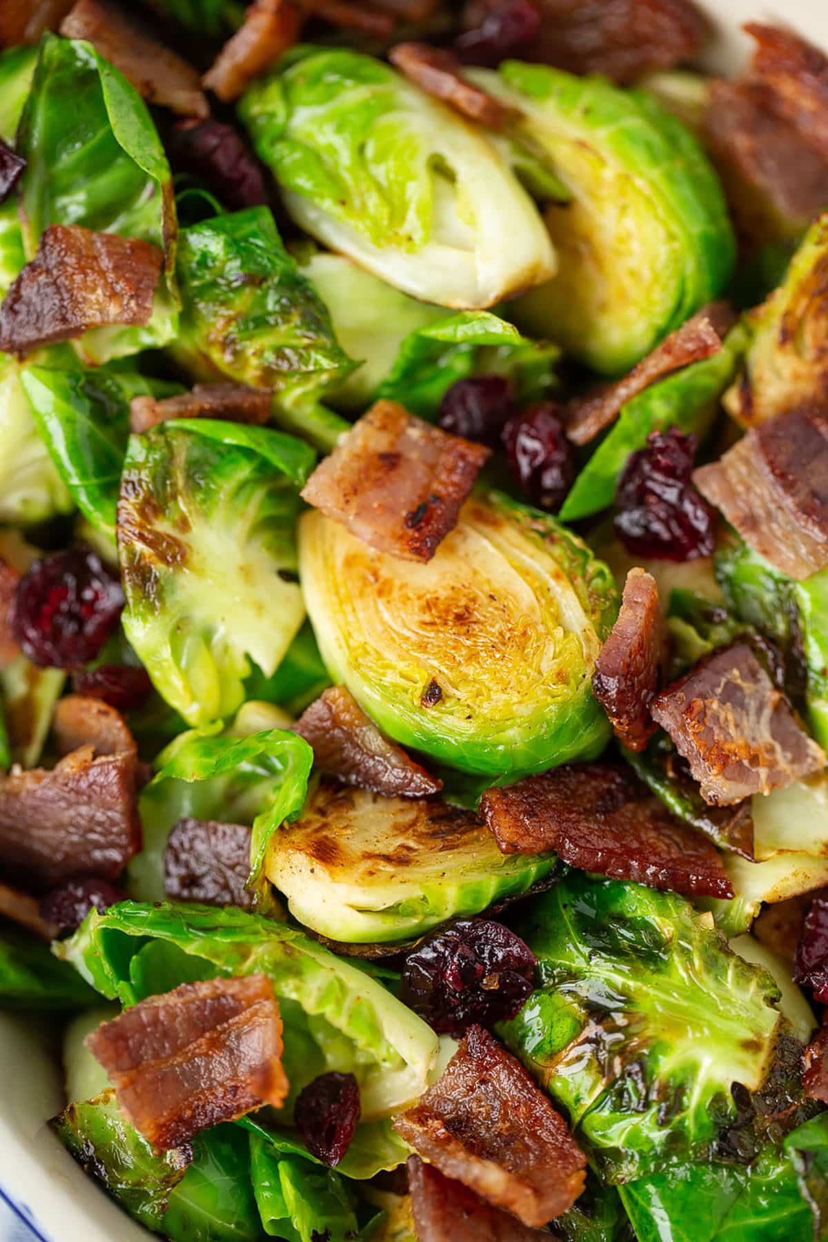 close up brussels sprouts with bacon, cranberries and honey