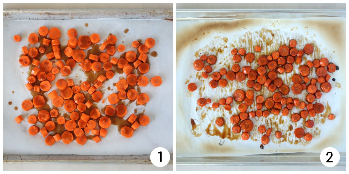 Process shots of making carrots glazed with honey on sheet pans