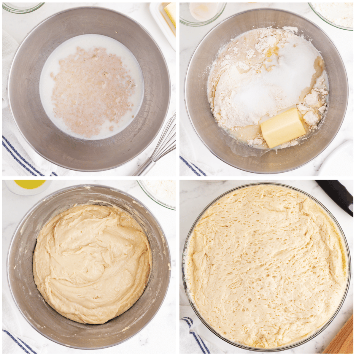 process shots of making bread dough in a metal mixing bowl