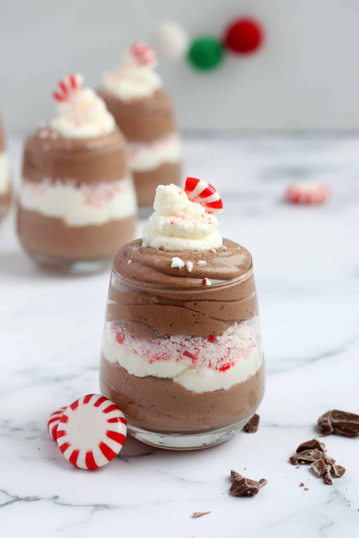 Candy Cane Chocolate Cups filled with Peppermint Mousse