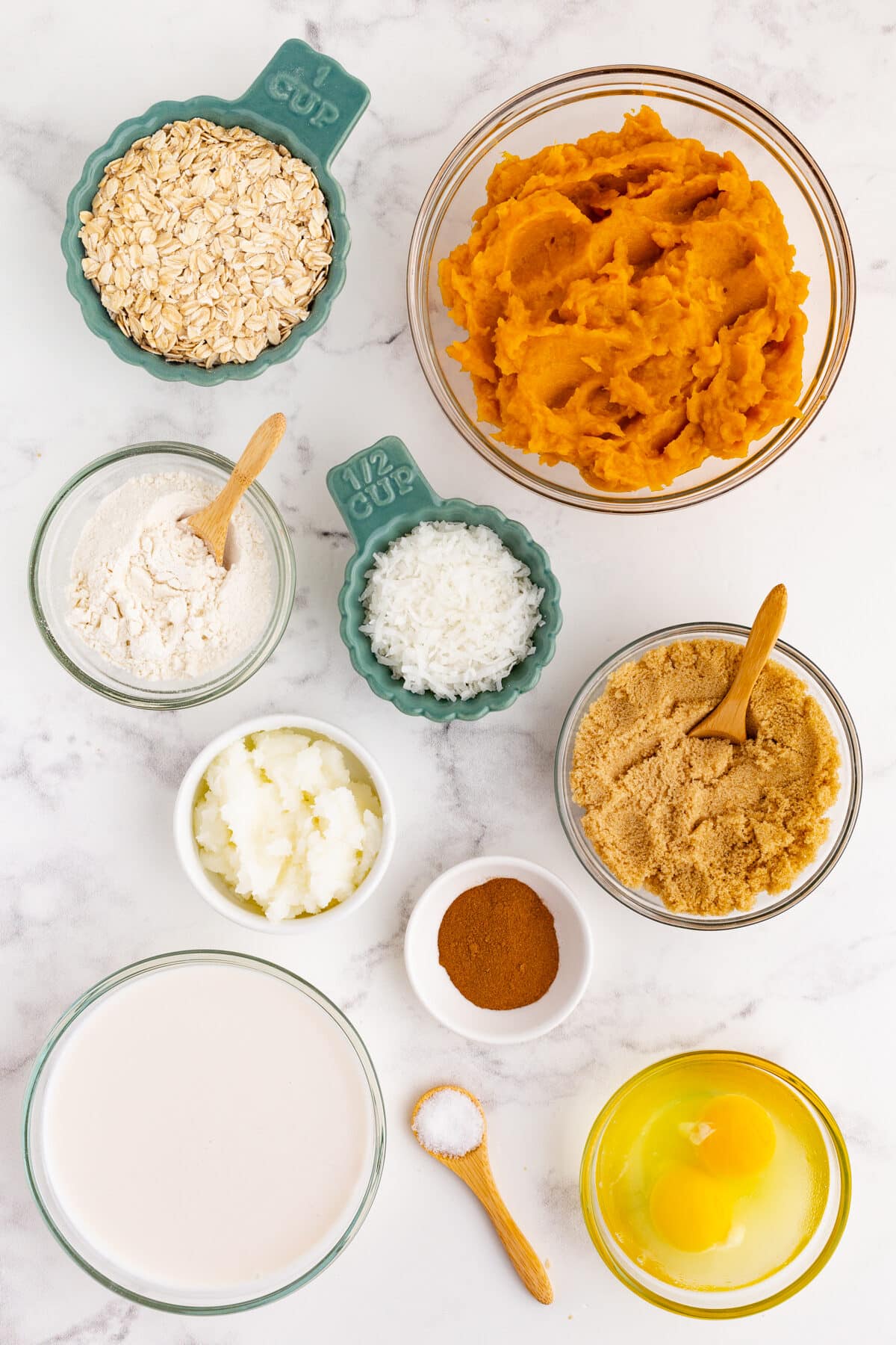 Sweet Potato Pie Ingredients: Boiled sweet potatoes, coconut, flour, coconut oil, coconut milk, cinnamon, salt, eggs, and brown sugar.