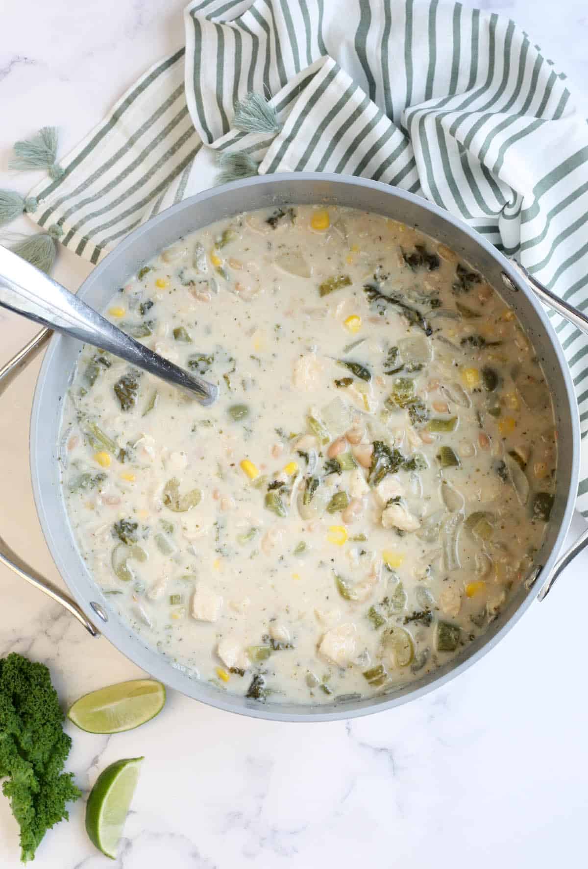 a large pot of white bean chicken chili with a ladle