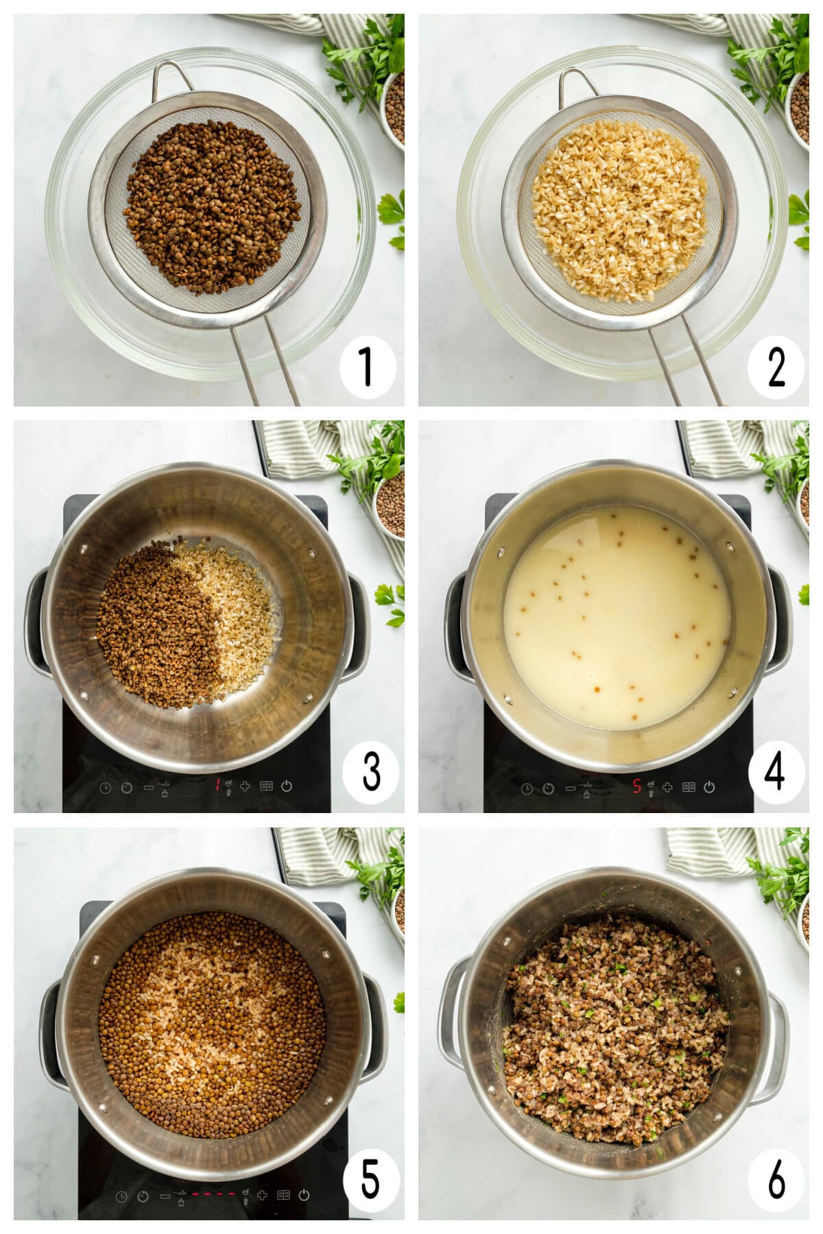 Step by step on how to make brown lentils and rice