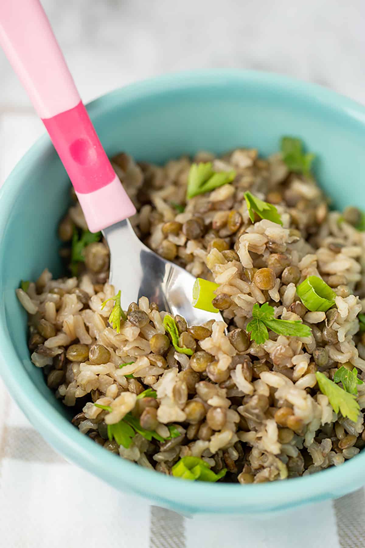 lentils and brown rice in a blue bowl with parsley as a garnish