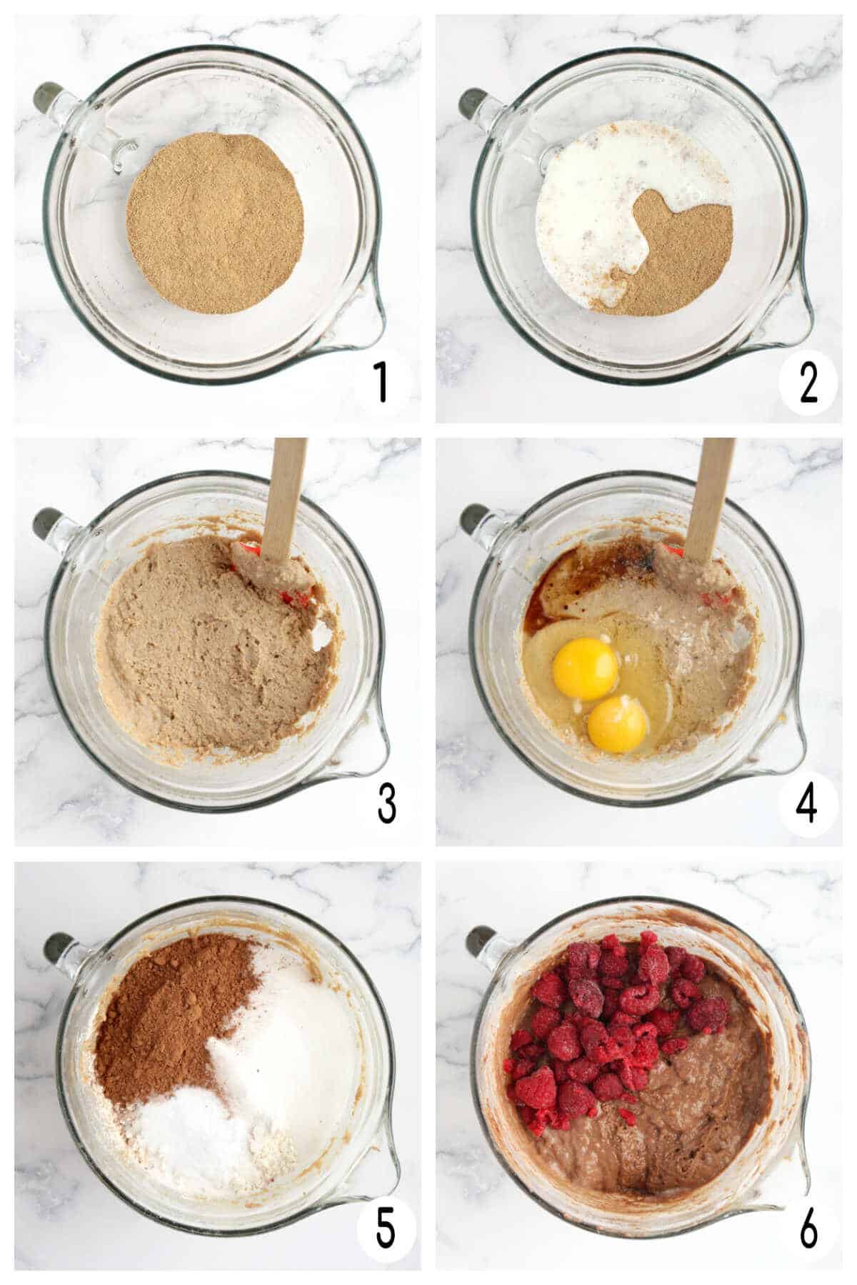 Process shots of making chocolate raspberry bran muffins