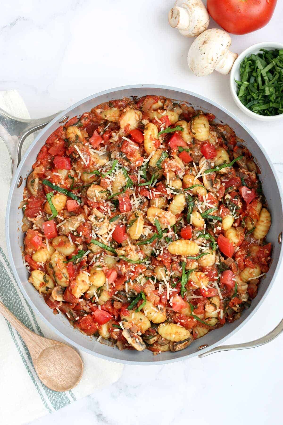 an overhead shot of an easy gnocchi recipe in a skillet