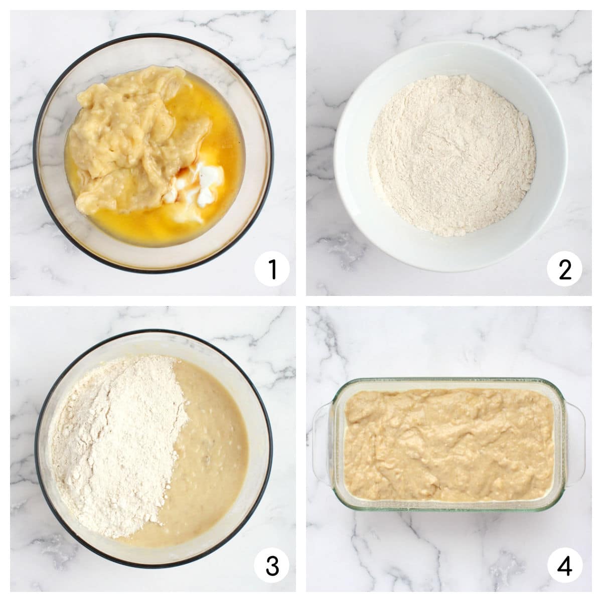 process shots for how to make healthy banana bread recipe