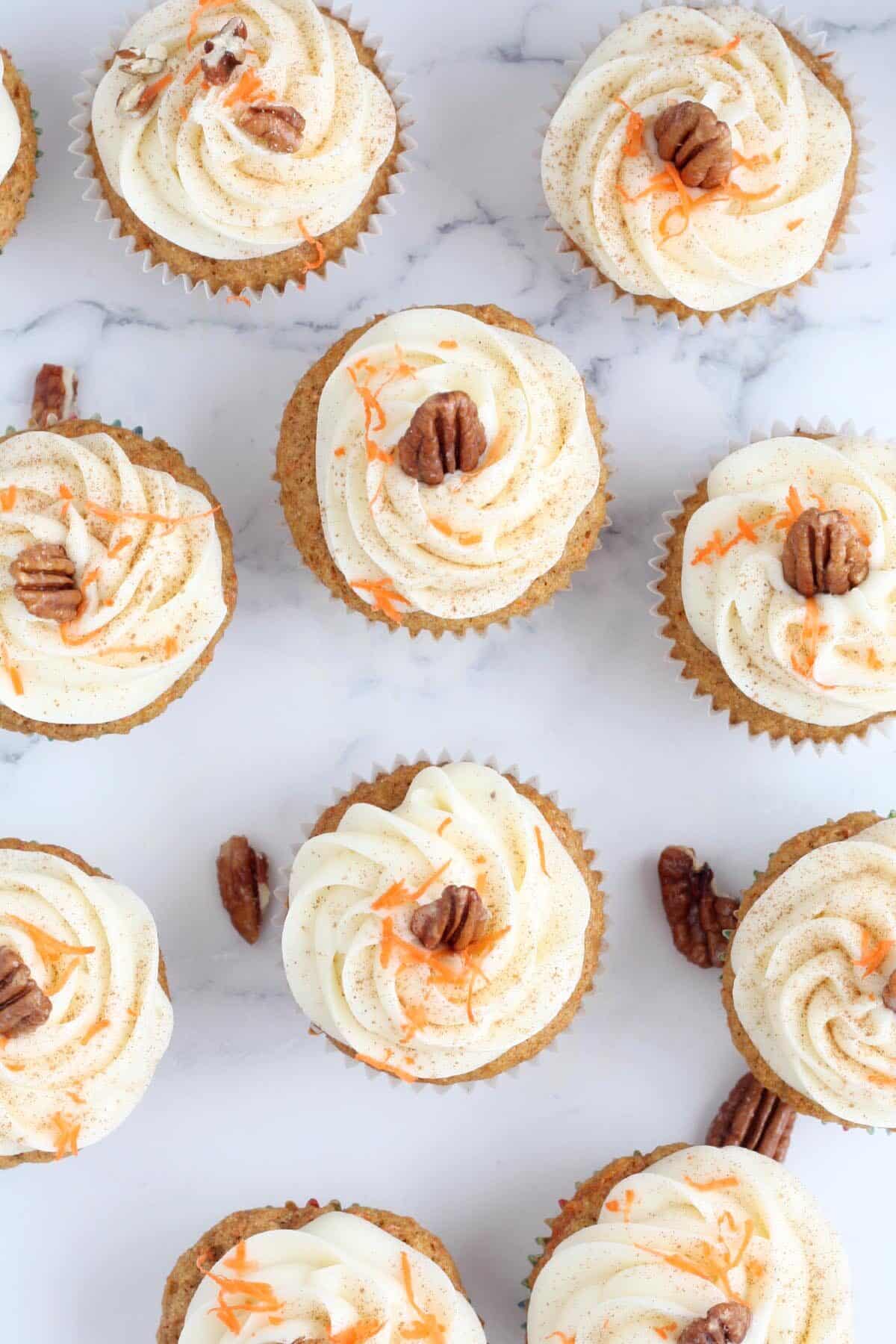 overhead shot of carrot cake cupcakes