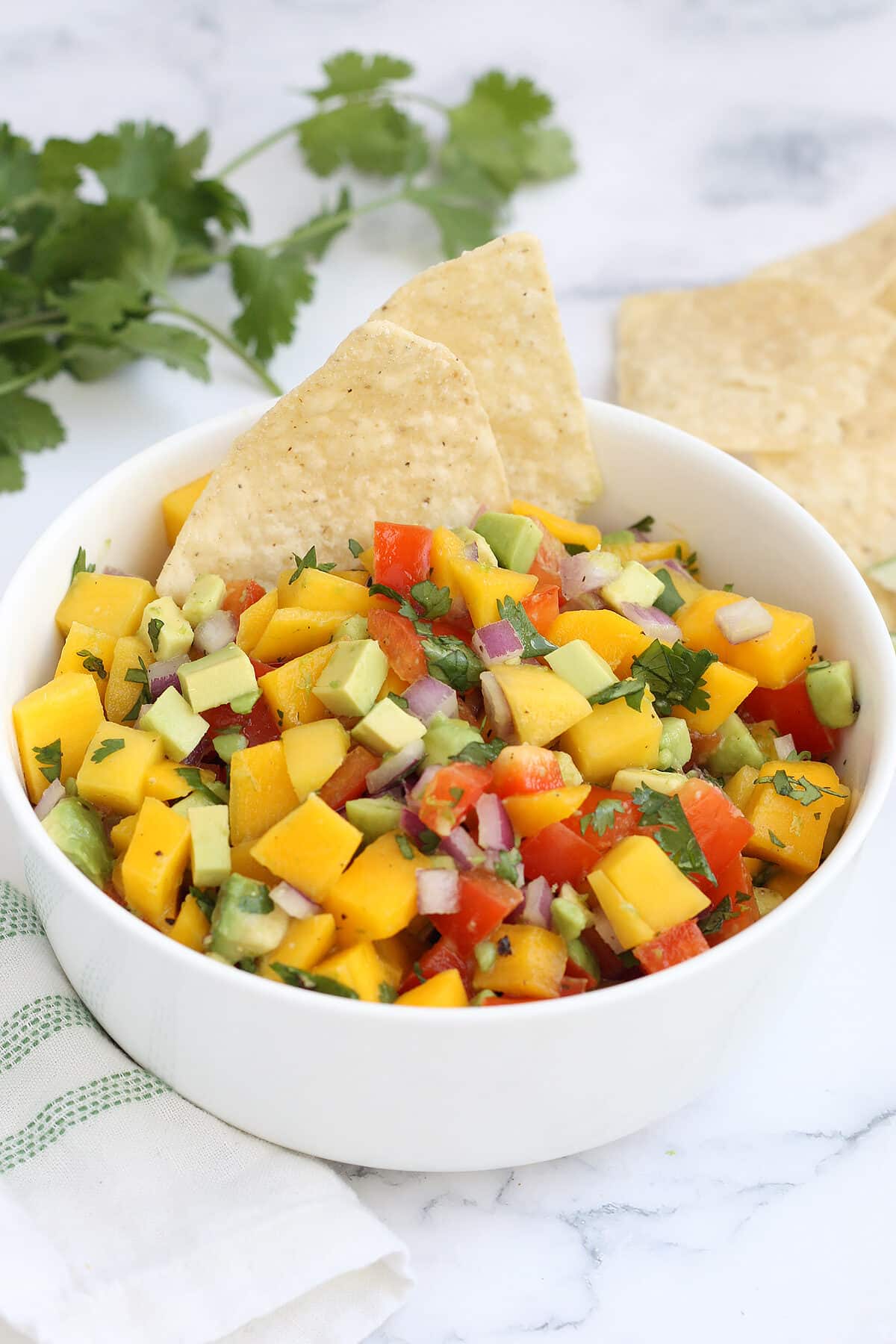 Mango salsa with fresh cilantro and served with tortilla chips