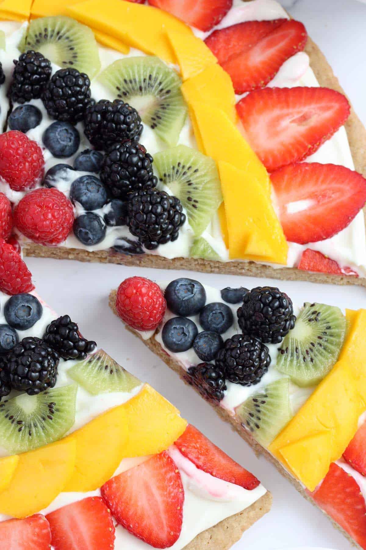 Closeup shot of fruit pizza with oatmeal crust