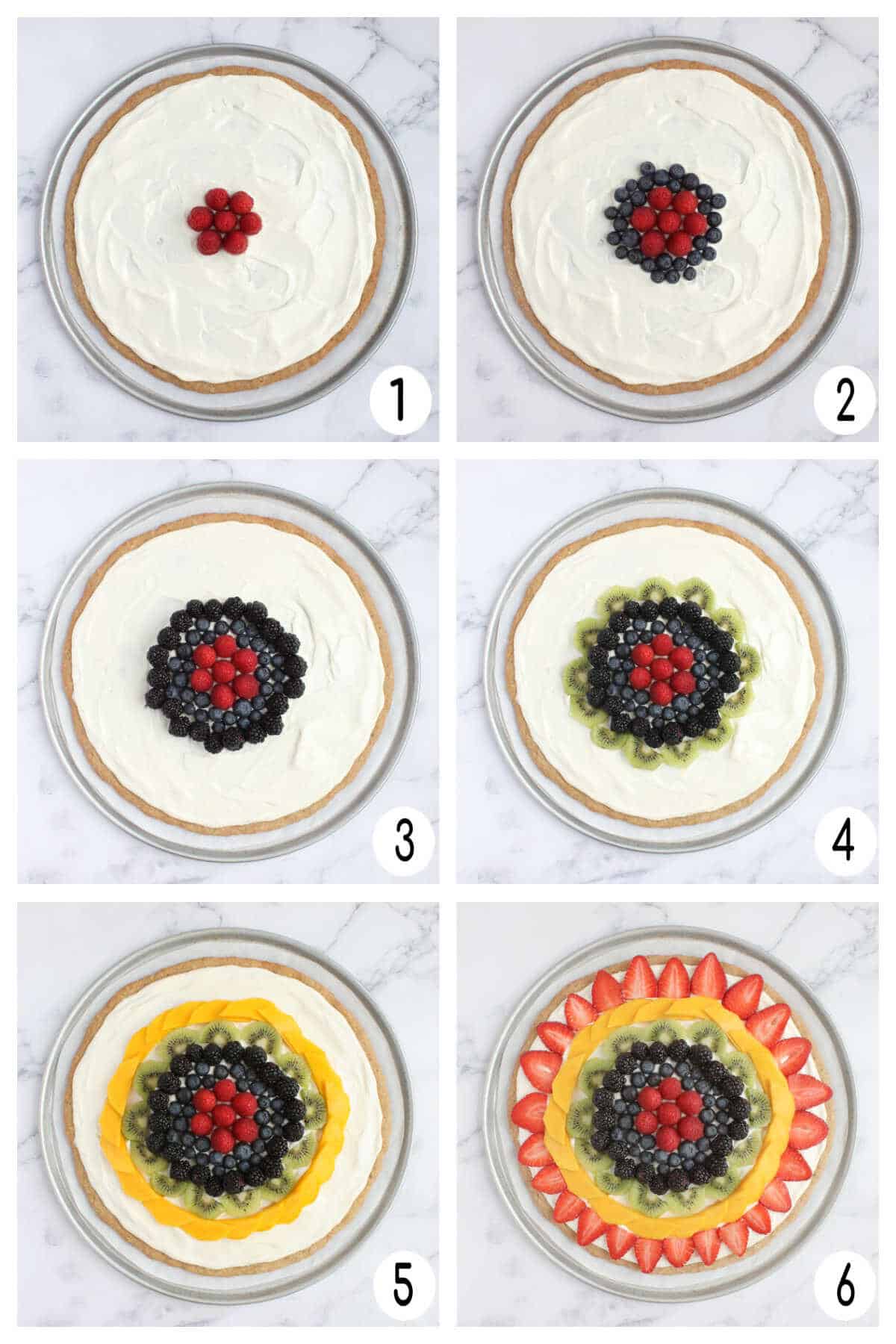 Overhead process shots of how to make a fruit pizza