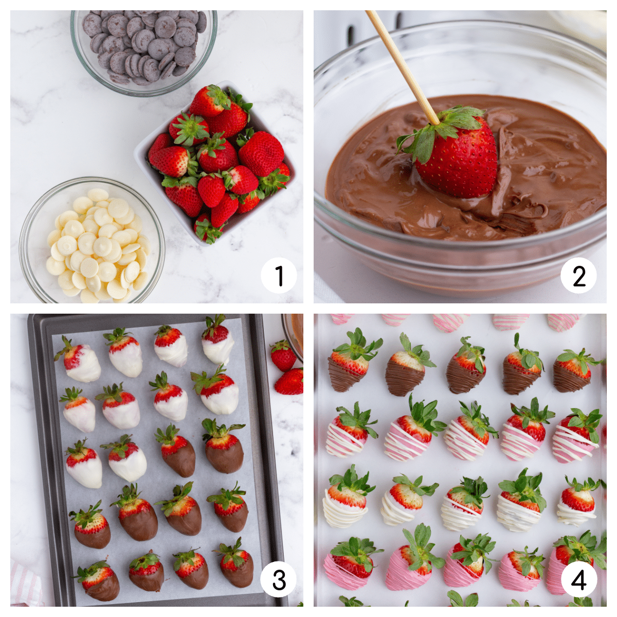 process shots for how to make chocolate dipped strawberries