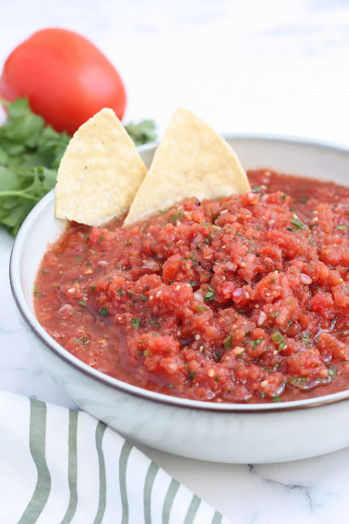 bowl of homemade salsa with tortilla chips